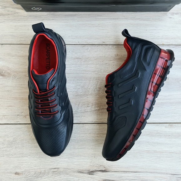 Dark Blue Leather Sneakers for Men with Red Details - Picture 4 of 4